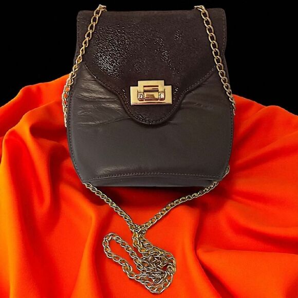 Vtg 80s Leather Crossbody Bag Chain Strap Brown Suede Clasp Lock Karam USA‎ Made - Picture 15 of 16